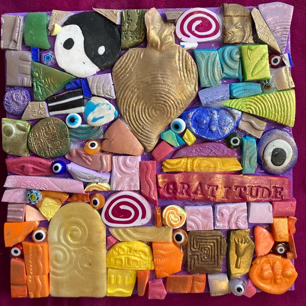 Handmade Clay Mosaic Art “Gratitude ” Polymer Clay Original On Wood 6”x6”